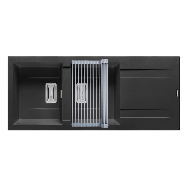 Set chiuveta granit Pyramis KARTESIO si suport multifunctional ROLL UP, dimensiune 1160x500mm, reversibila, adancime 200mm, valva dreptunghiulara, finisaj pyragranite negru