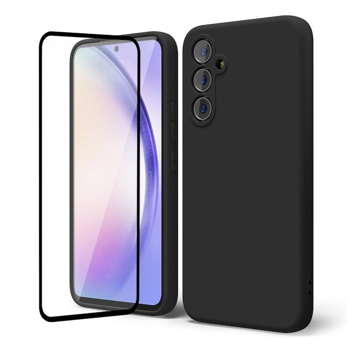Set Folie si Husa pentru Samsung A55 5G Daden® Silicon Soft, Ultra Slim, Protectie sporita, Interior de microfibra, Negru