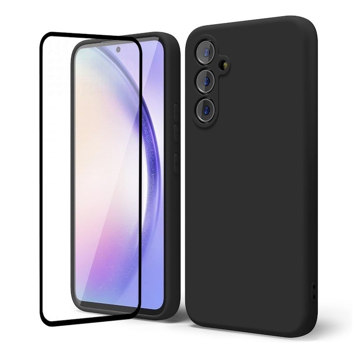 Set Folie si Husa pentru Samsung A55 5G Daden® Silicon Soft, Ultra Slim, Protectie sporita, Interior de microfibra, Negru