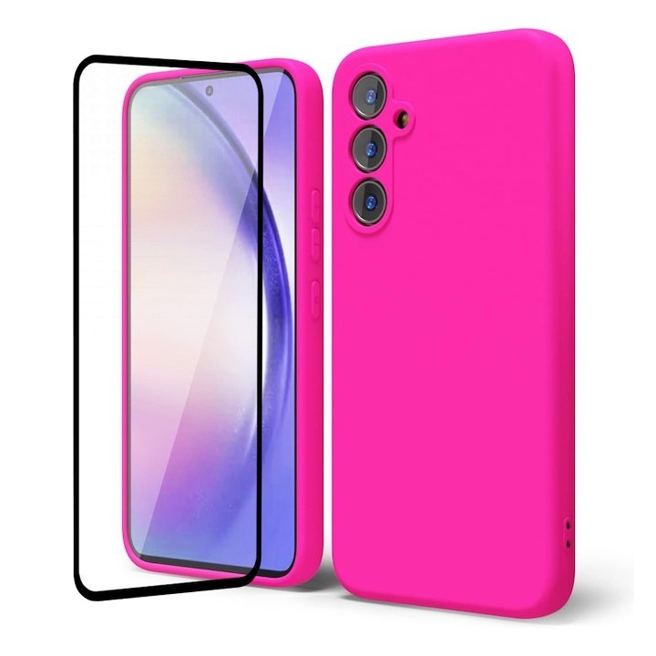 Комплект протектор и калъф за Samsung A55 5G Daden Silicone Soft, ултра тънък, повишена защита, вътрешност от микрофибър, Neon Pink