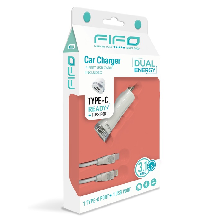 Autós telefon töltő és C-Lightning típusú kábel, 3,1 Ah, Fifo