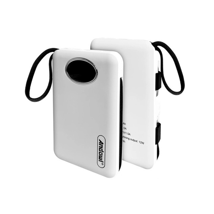 Baterie externa CD225, 15000mAh, afisaj LED, 2 USB, alb