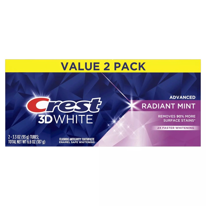 2x fogkrém készlet, Crest, 3D White, Ragyogó menta, fogfehérítéshez, 93 gr