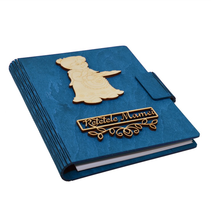 Тетрадка за рецепти на мама с дървени корици, A5, Piksel, синя, включен дървен химикал