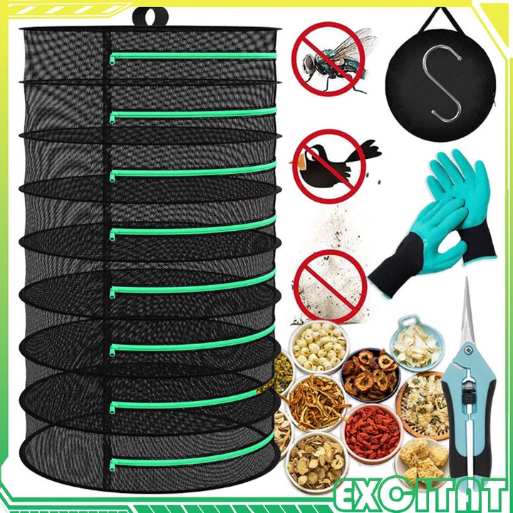 Set de uscare a plantelor, EXCITAT, 1 x suport pentru uscarea plantelor, 1 x manusa, 1 x carlig, 1 x foarfece, 8 nivele, 60 x 120 cm, textil/metal, Negru
