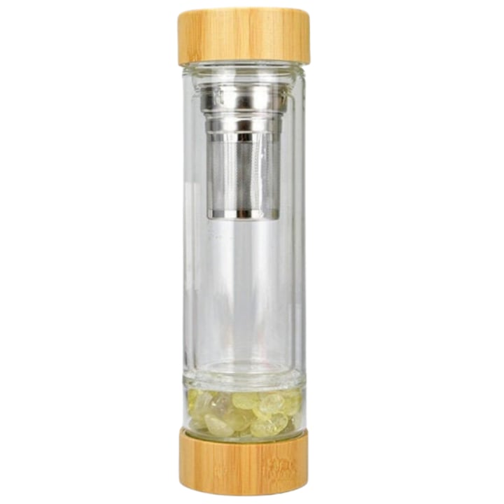 Sticla de apa Wellness cu Cristale naturale detasabile si Capac din Bambus, 550 ml, infuzor de ceai din otel inoxidabil, pentru Ceai, Sucuri, Apa Infuzata - Citrin