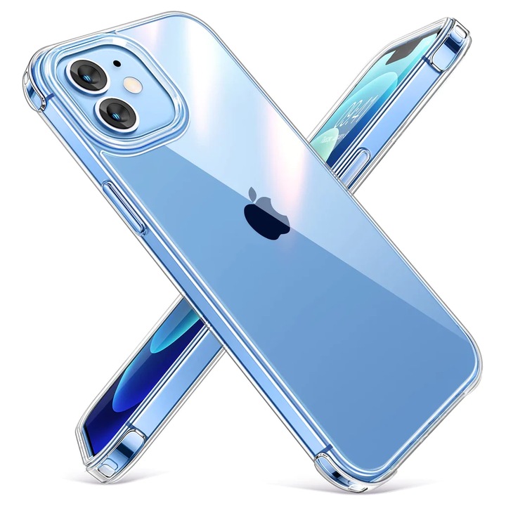 Калъф за iPhone 12 и iPhone 12 Pro с 3 мм повдигнати ръбове, прозрачен, против пожълтяване, удароустойчив, твърд гръб и мек силиконов защитен калъф