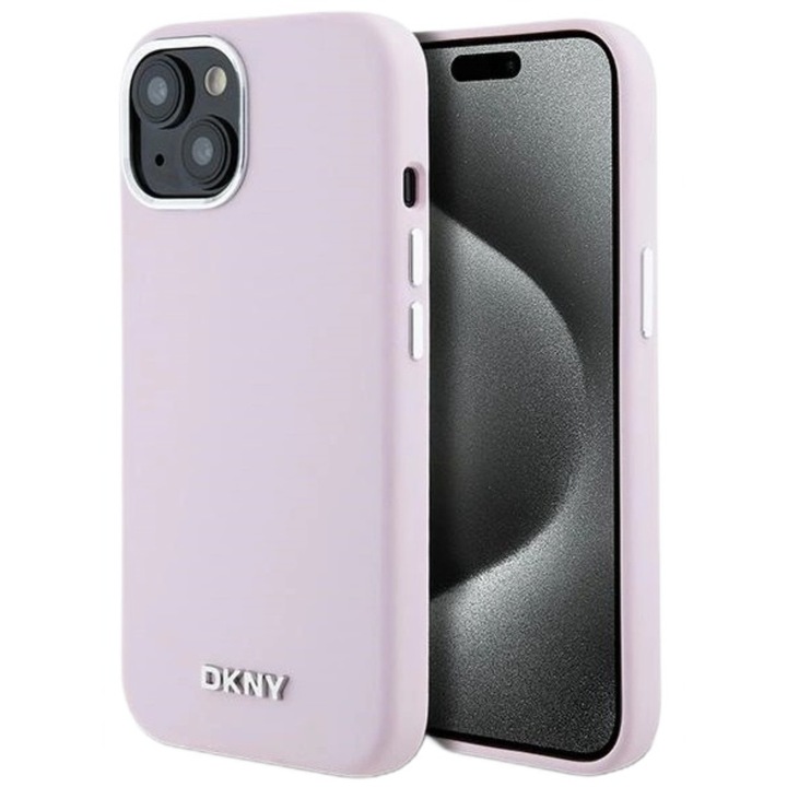 DKNY Liquid Silicone Small Metal Logó MagSafe tok kompatibilis iPhone 15 / 14 / 13 Pink