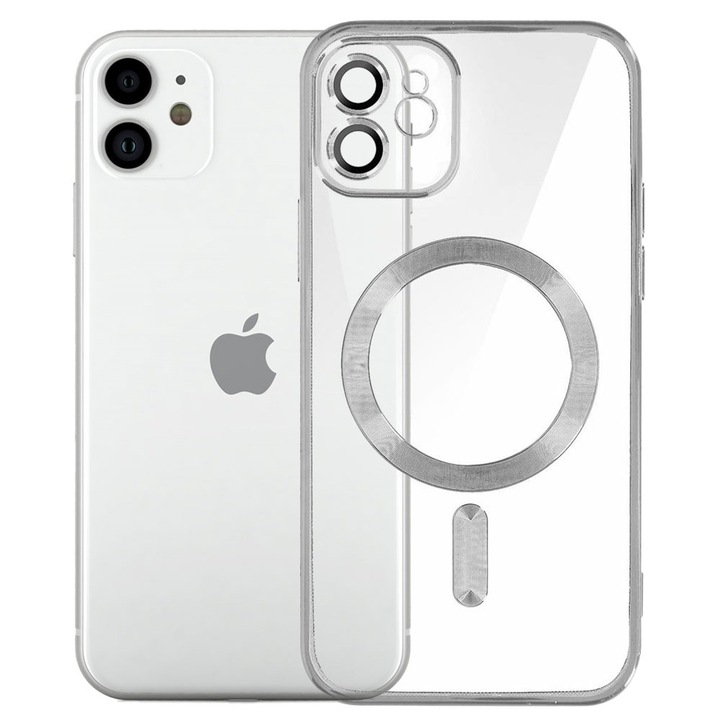 Husa tip MagSafe pentru Apple iPhone 11, Glamour MagCase, Protectie lentile camere, Rama electroplacata, Accente metalizate, Margini ridicate, Incarcare wireless, Magnetica, Argintiu