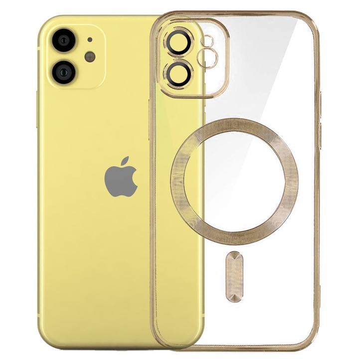 Husa tip MagSafe pentru Apple iPhone 11, Glamour MagCase, Protectie lentile camere, Rama electroplacata, Accente metalizate, Margini ridicate, Incarcare wireless, Magnetica, Auriu