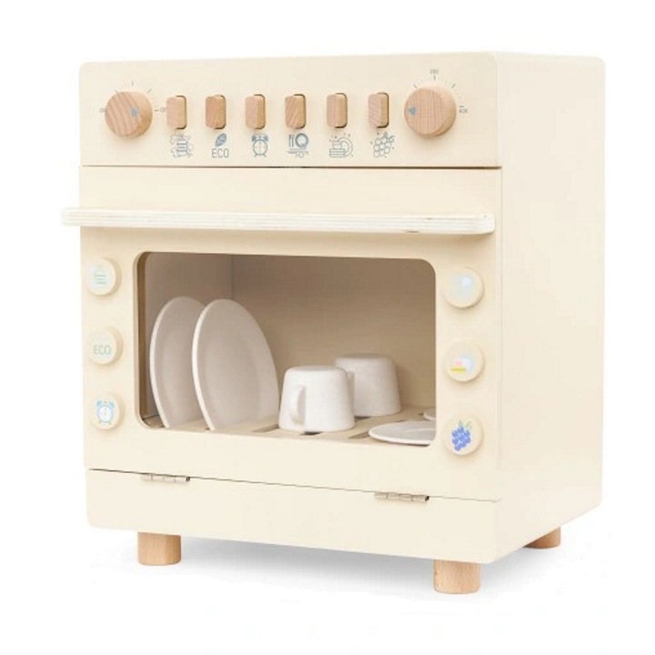 Masina de Spalat Vase Cleen Wish idealSTORE pentru copii, Dimensiuni 30 x 24 x 34,5 cm, Include 6 elemente Magnetice, 4 Farfurii, 2 Cani, Buton pentru Lustruire, Spalare Fructe, Uscare, Mod ECO, Cronometru, Reglarea Temperaturii, ON/OFF