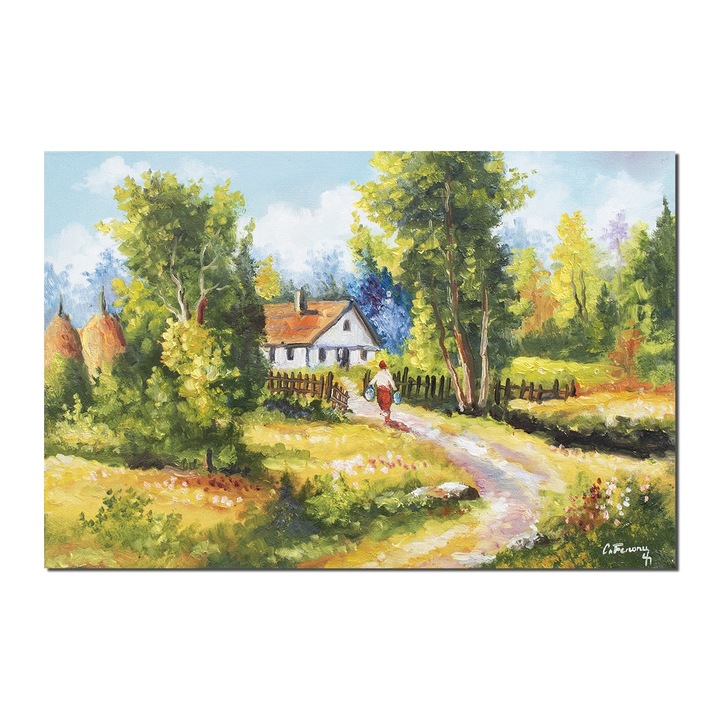 Tablou pictat manual living, dormitor, Peisaj din natura, casa taraneasca, 60x40cm ulei pe panza, Constantin Feraru