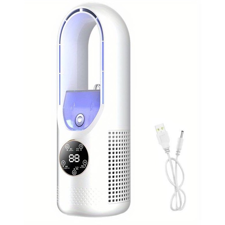 Léghűtő ventilátor, Zola, csendes légpárásító és légtisztító, környezeti fény, víztartály 100 ml, 30x12x11 cm, fehér