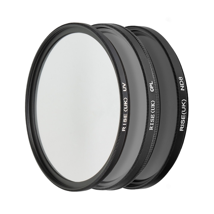 Set 3 filtre UV-CPL-ND8 Rise(UK) de 82mm, husa si laveta