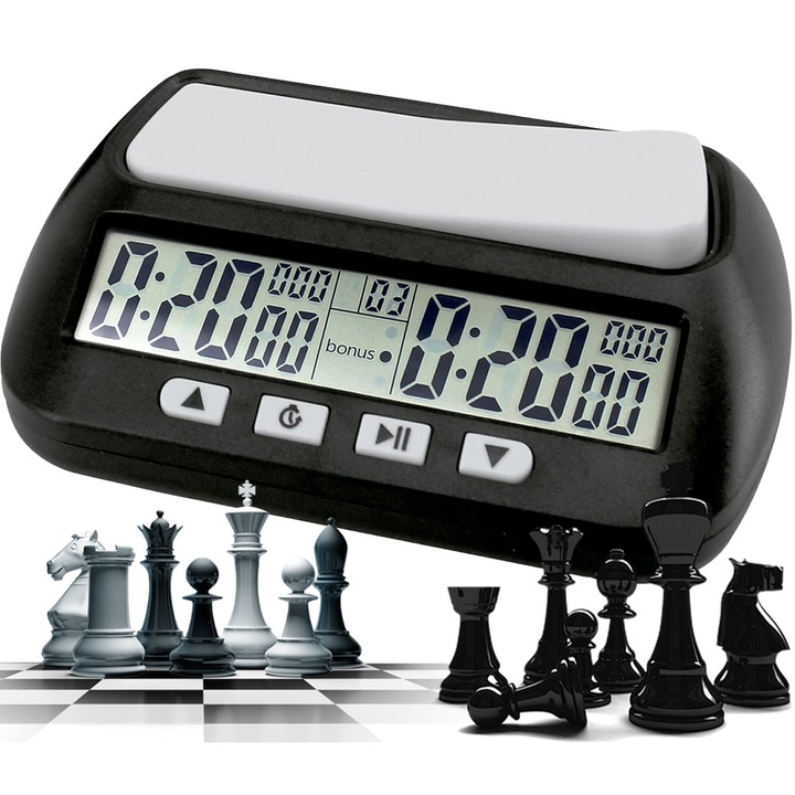 Професионален часовник за шах, Excitat, 3-в-1, преносим, ABS, черен