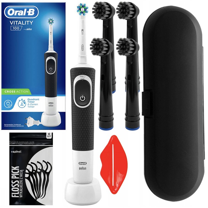 Електрическа четка за зъби Oral-B Vitality 100 Black + 4 резервни накрайника + калъф, черно/черно