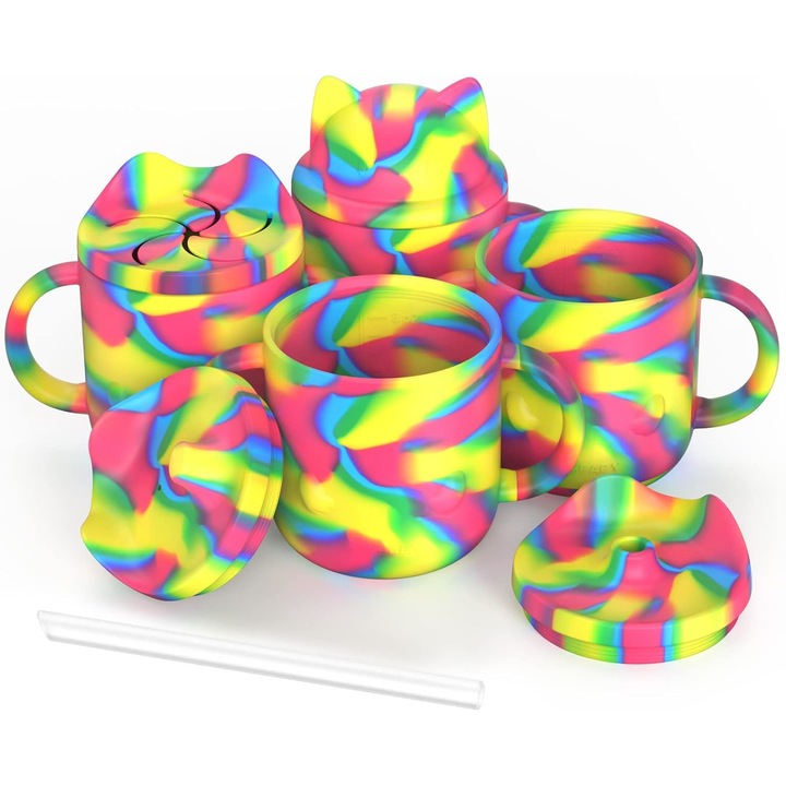 Cani de invatare pentru copii LQMBABY, Set de 4, Silicon, rezistente la scurgeri, manere practice, 237 ml, multicolor
