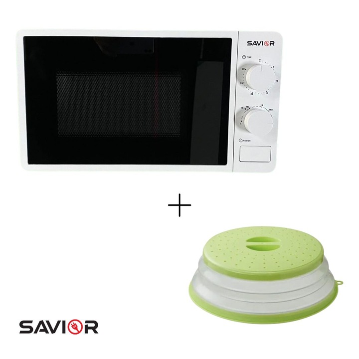 Cuptor cu microunde SAVIOR – 20L-SAV-W, 700W, Capacitate 20 L, Control mecanic, 6 Trepte de putere, ALB si capac pliabil INCLUS anti stropire si functie sita pentru spalare si clatire