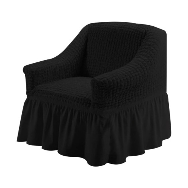 Set 2 huse fotoliu, Creponat cu Volanase, Poliester cu Licra, Negru