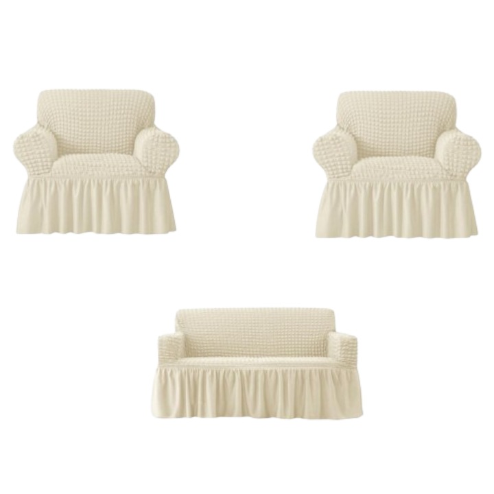 Set 3 Huse, 2 fotolii si canapea 3 locuri, Creponat cu Volanase, Poliester cu Licra, Ivoire