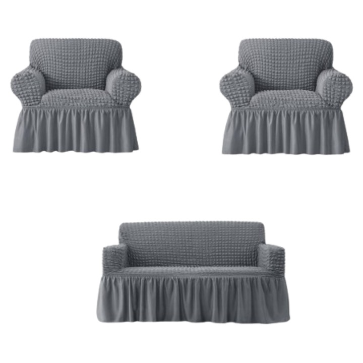 Set 3 Huse, 2 fotolii si canapea 3 locuri, Creponat cu Volanase, Poliester cu Licra, Gri Deschis