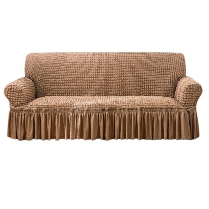 Husa canapea, 3locuri-180x230cm, Creponat cu Volanase, Poliester cu Licra, Maro Deschis