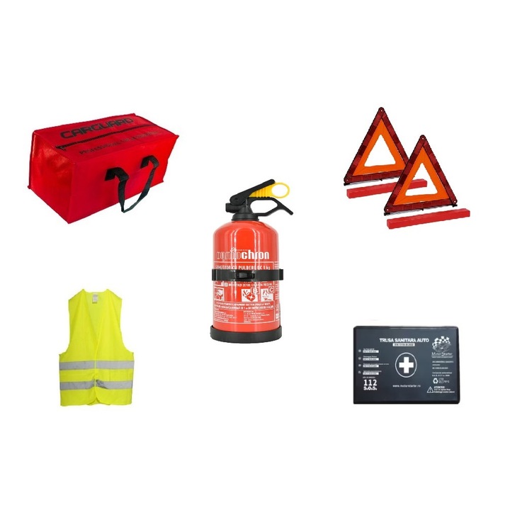 Комплект за безопасност на автомобила, чанта за съхранение, медицински комплект, пожарогасител P1 с опора, жилетка, светлоотразителни триъгълници