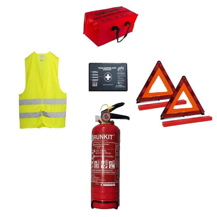 Комплект за пътна безопасност - 1 кг метален пожарогасител, сертифициран от ANMDMR медицински комплект, чанта за съхранение, жилетка, 2 триъгълника