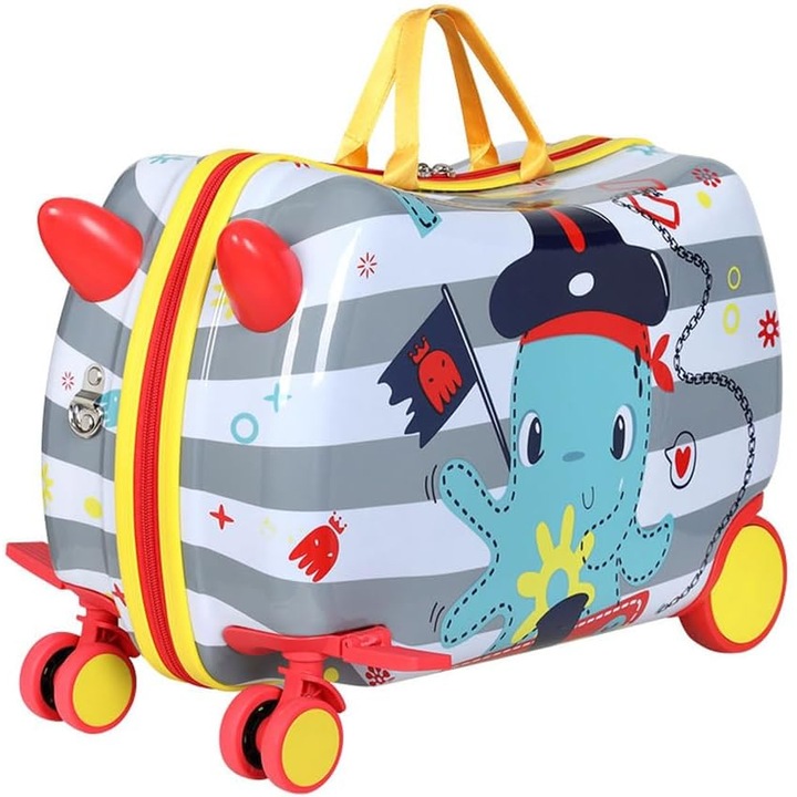 Мултифункционална детска чанта за пътуване RollyUP UniqViBE с функция за количка, 360° колела, две отделения, сгъваема поставка за крачета, подвижна презрамка за носене, калъф против удари, водоустойчив, модел Octopus, многоцветен