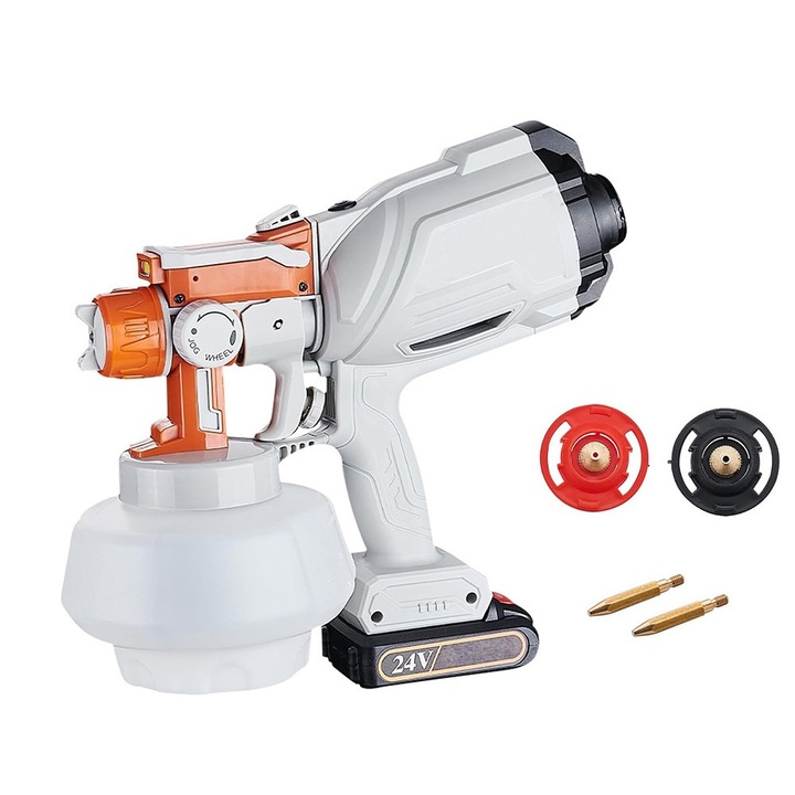 Акумулаторен бояджийски пистолет, Zola, капацитет 1200 ml, акумулаторна батерия, 2000 mAh батерия, боядисано разстояние 20/25 cm, 24V, 32x31x10 cm, оранжево/бяло