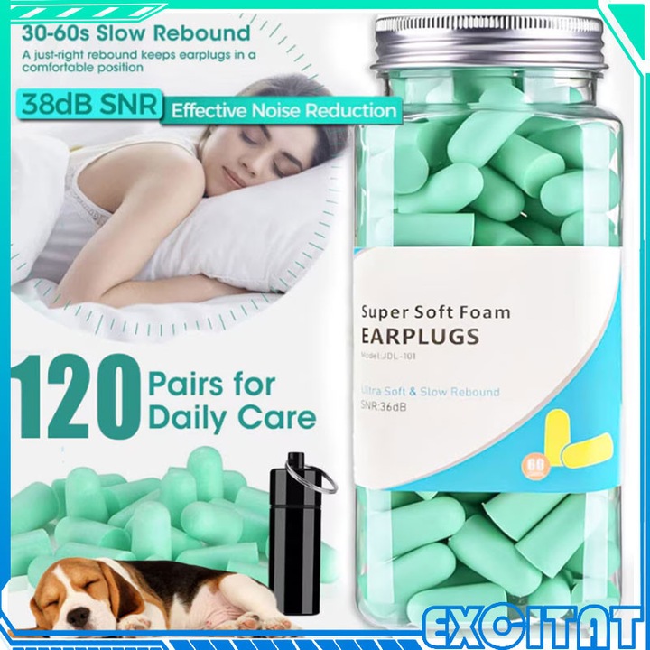 Set de 120 dopuri de urechi din spuma, Excitat®, Dopuri de urechi pentru dormit, Spuma, 36dB, Anulare zgomot, Reutilizabile, cu cutie de depozitare din aluminiu, Pentru somn, Calatorii, Studiu, 13×25mm, Albastru