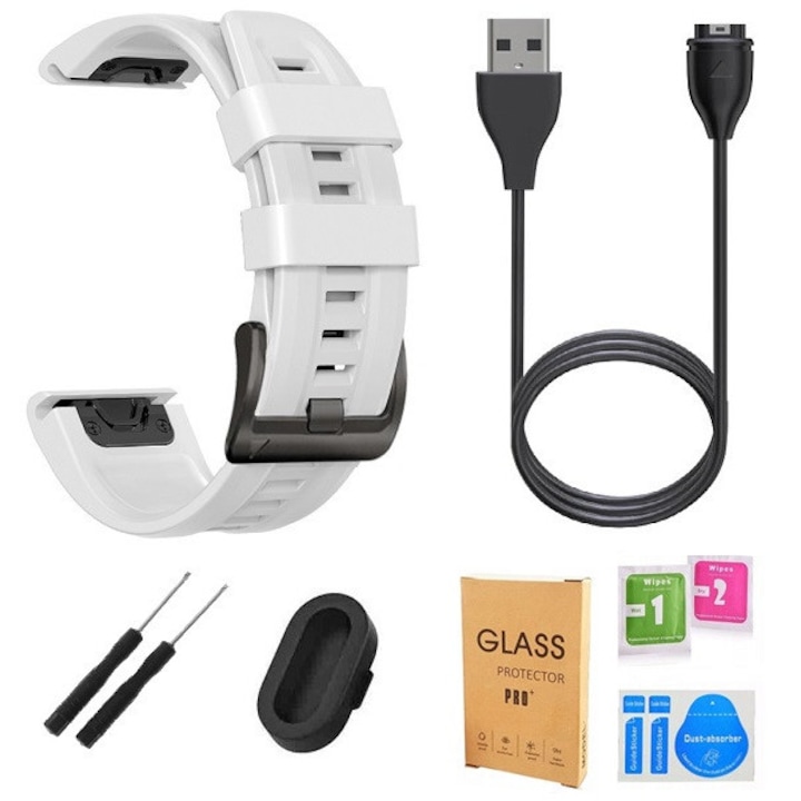 Set 5 accesorii DAO compatibile Garmin Fenix 7X PRO, curea silicon 26mm Quick-Fit, cablu incarcare 1m, dop silicon, folie sticla 9H, surubelnite service