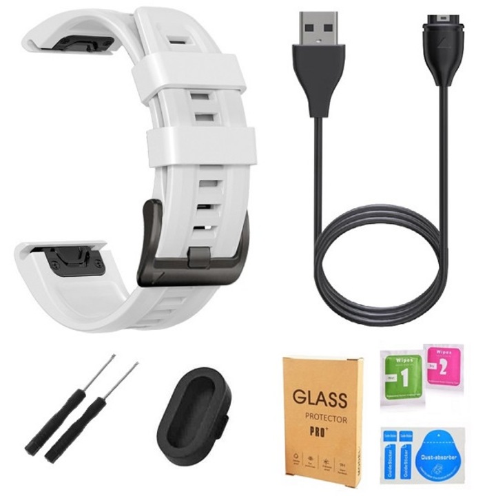 5 db Garmin Fenix 7-tel kompatibilis DAO kiegészítő készlet, 22 mm-es Quick-Fit szilikon szíj, 1 m-es töltőkábel, szilikon csatlakozó, 9H üvegfólia, szervizcsavarhúzók