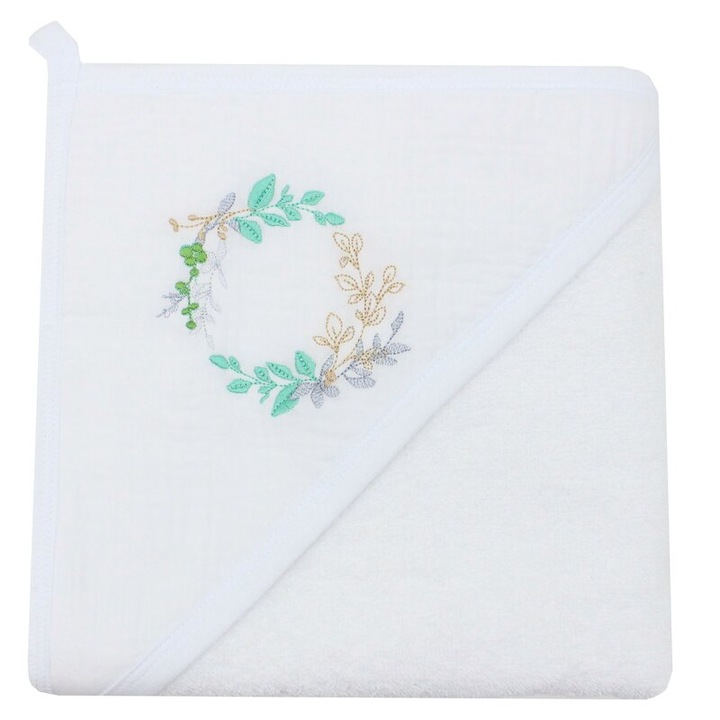 Prosop cu gluga, bumbac si muselina, frunzulite, alb, 80 x 100 cm