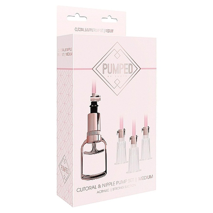 Помпа за стимулиране на гърди и клитор, Pumped, 3 вендузи, 2 накрайника, 74,5x41x3,6см, устойчива на пръски