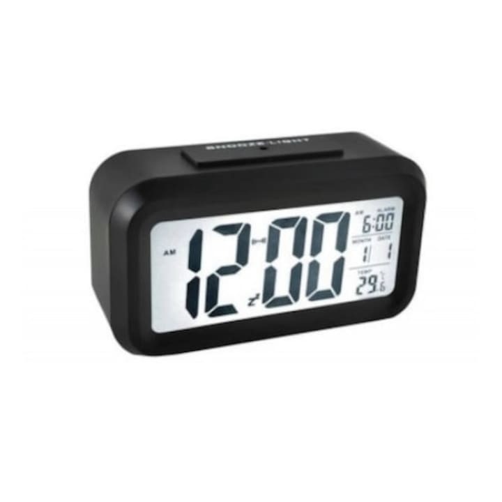 Elektronikus óra LED kijelzővel, ébresztővel és hőmérővel, sötét érzékelővel, 12/24 órás funkcióval, 13,8 x 8 x 4,5 cm, műanyag, fekete, Dactylion®