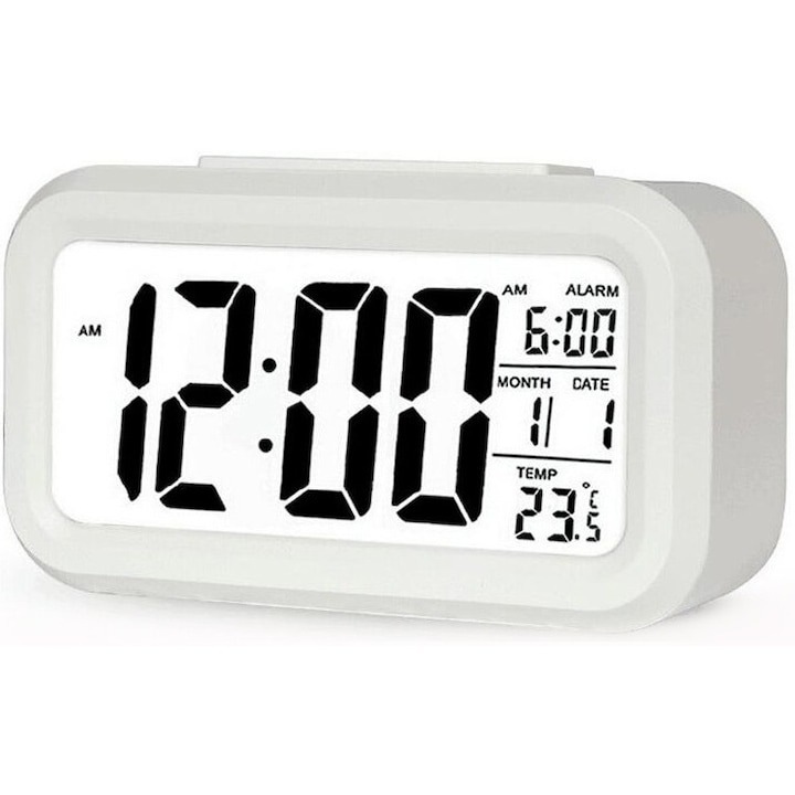 Elektronikus óra LED kijelzővel, ébresztővel és hőmérővel, sötét érzékelővel, 12/24 órás funkcióval, 13,8 x 8 x 4,5 cm, műanyag, fehér, Dactylion®