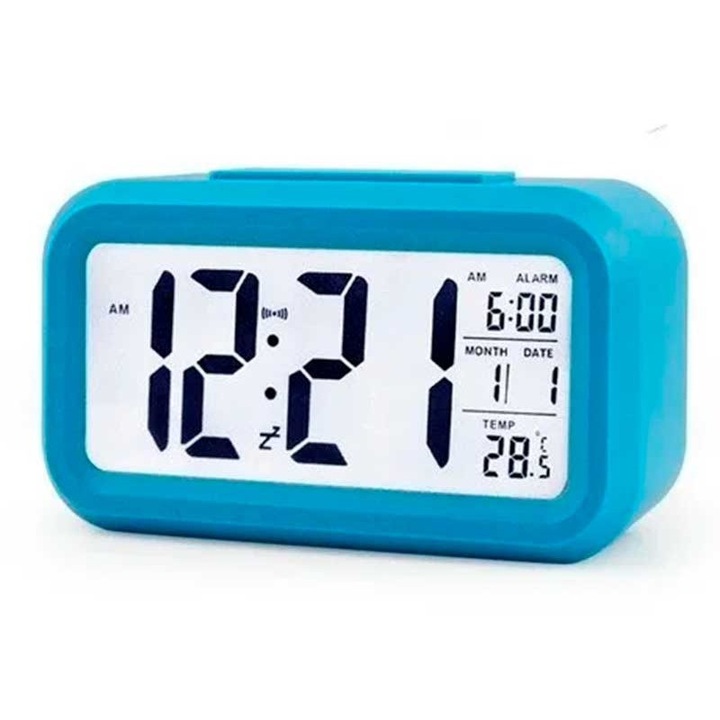 Elektronikus óra LED kijelzővel, ébresztővel és hőmérővel, sötét érzékelővel, 12/24 órás funkcióval, 13,8 x 8 x 4,5 cm, műanyag, kék, Dactylion®