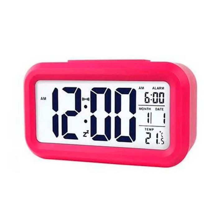 Elektronikus óra LED kijelzővel, ébresztővel és hőmérővel, sötét érzékelővel, 12/24 órás funkcióval, 13,8 x 8 x 4,5 cm, műanyag, piros, Dactylion®