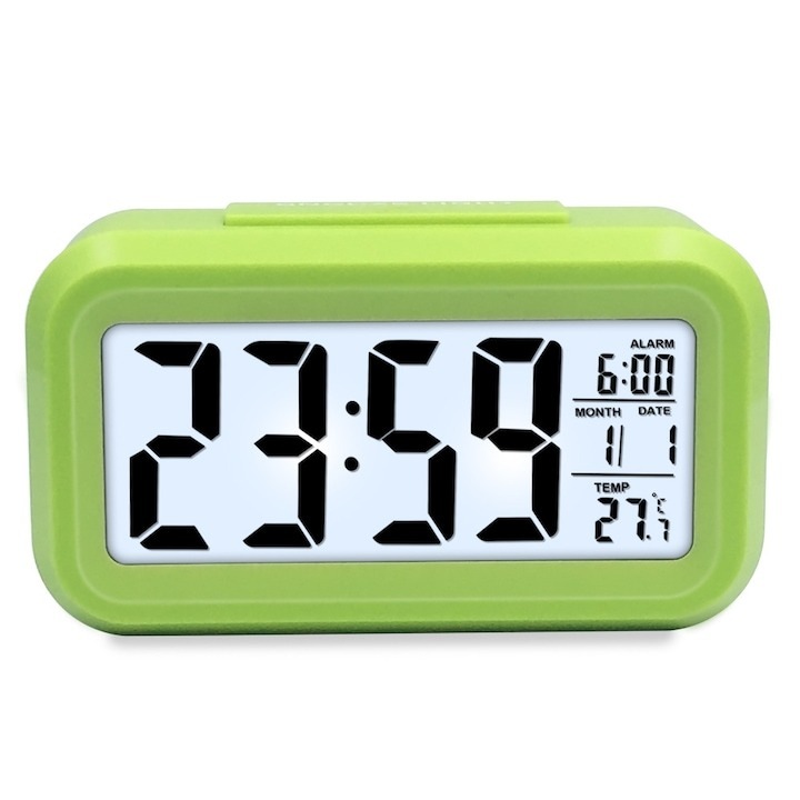Elektronikus óra LED kijelzővel, ébresztővel és hőmérővel, sötét érzékelővel, 12/24 órás funkcióval, 13,8 x 8 x 4,5 cm, műanyag, zöld, Dactylion®
