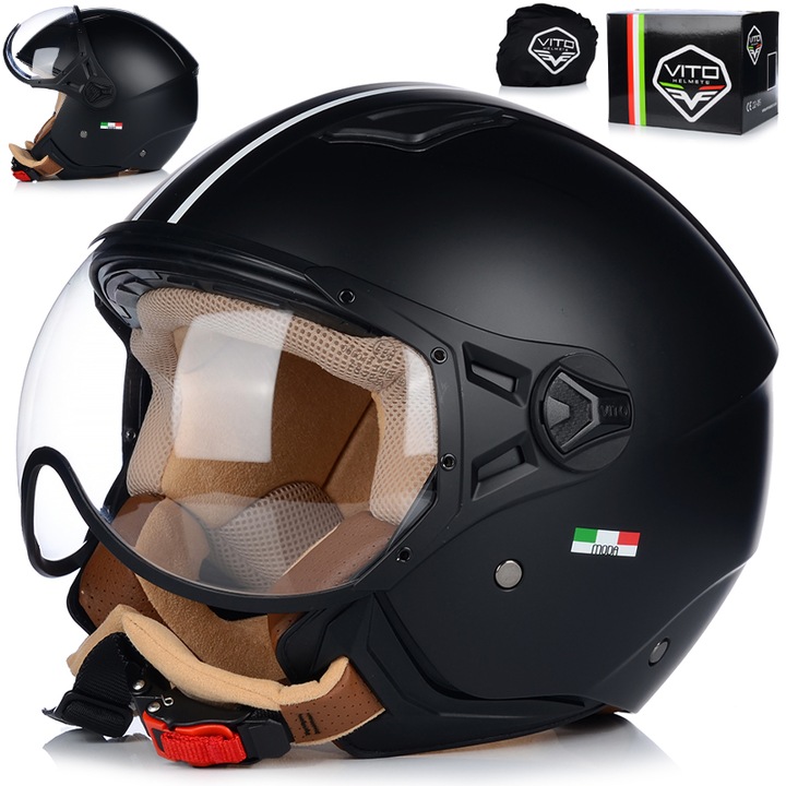 Casca Moto, Vito Moda, Jet, Retro, Protectie UV, Negru mat, S 55-56 cm
