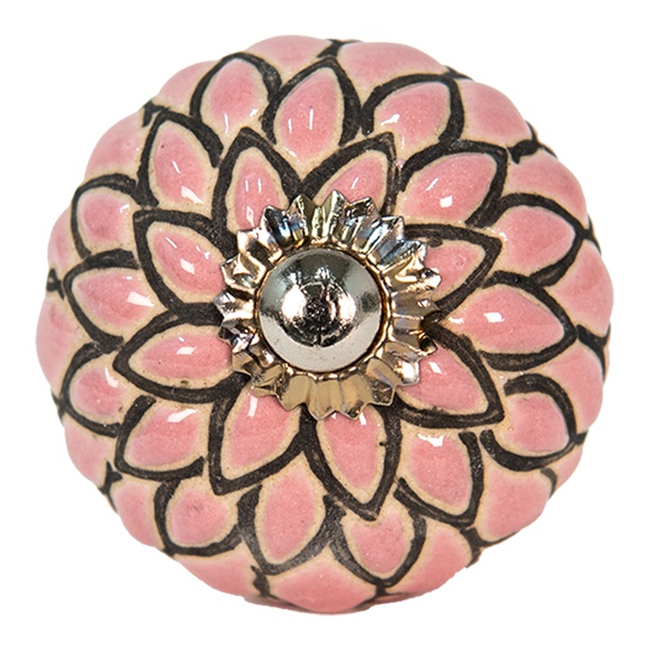 Set 2 butoni mobilier ceramica neagra roz metal argintiu Ø 3x4 cm