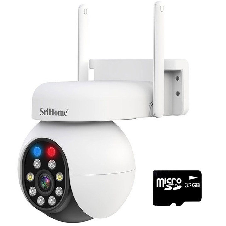 Камера за видеонаблюдение 5MP, WIFI SriHome™ SH052, външна/вътрешна, водоустойчивост IP65, HDR технология, двупосочен звук, сензор за движение, аларма, бял