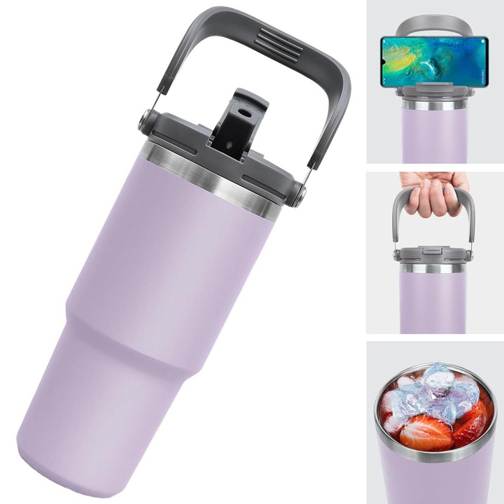 Cana termos cu maner de ridicare si pai, Lecheng®, pentru bauturi calde/reci, otel inoxidabil, 750 ml, Potrivit pentru acasa, calatorii, camping, Violet