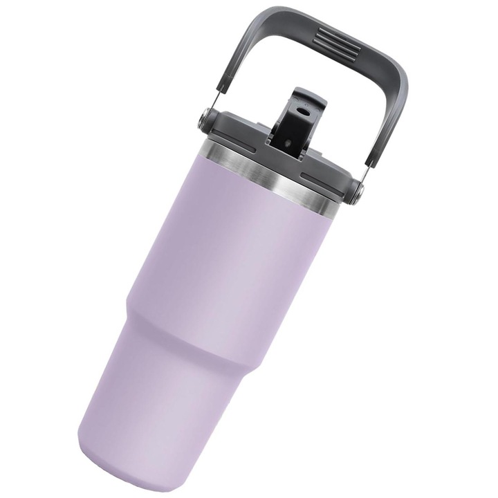 Termosz bögre emelőfogantyúval és szívószállal, Lecheng, hideg/meleg italokhoz, rozsdamentes acél, 750 ml, Alkalmas otthonra, utazásra, kempingezésre, Lila