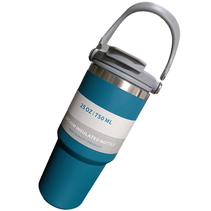 Termosz bögre, emelőfogantyúval és szívószállal, Lecheng, hideg/meleg italokhoz, rozsdamentes acél, 750 ml, Alkalmas otthonra, utazásra, kempingezésre, Kék