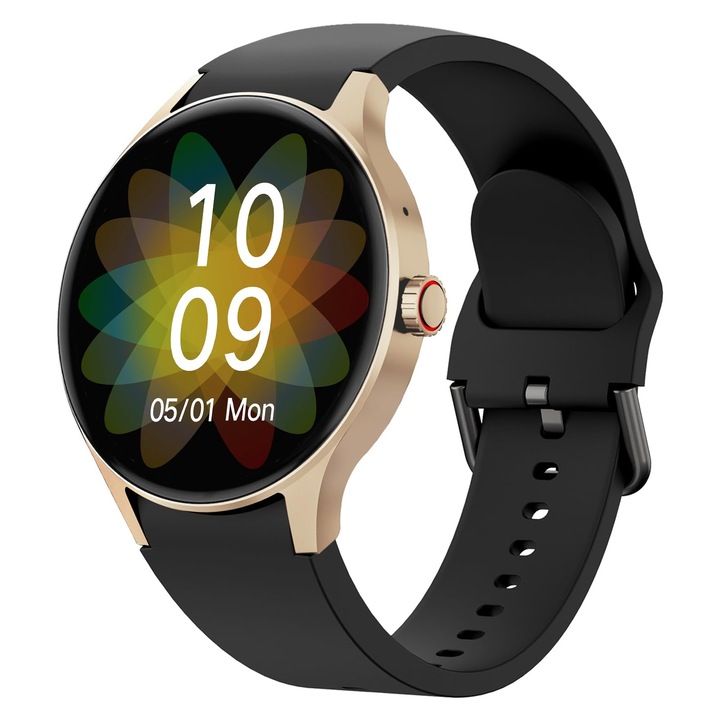 Smartwatch BingoFit Y80, Ecran AMOLED 1.43 inch, Monitorizare Ritm Cardiac, Somn, Negru, Curea Silicon Auriu