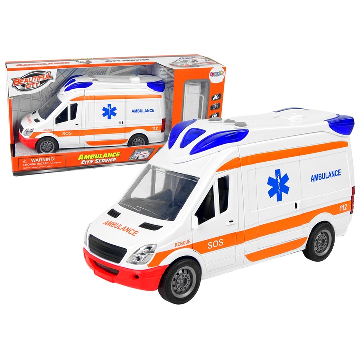 Ambulanta interactiva LEAN TOYS, efecte luminoase si sonore, usi deschisa, 25x13x8cm, alb cu portocaliu