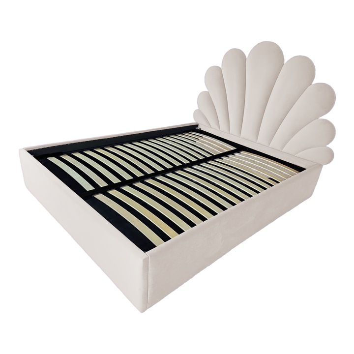 Pat tapitat Lotus,160x200cm, somiera metalica rabatabila, spatiu depozitare, crem prafuit