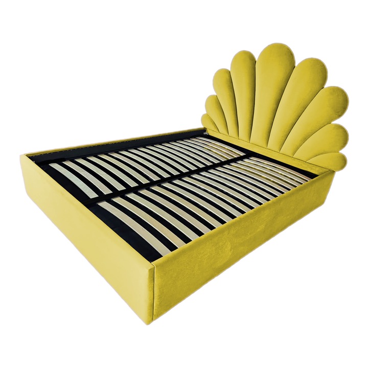 Pat tapitat Lotus,180x200cm, somiera metalica rabatabila, spatiu depozitare, mustar